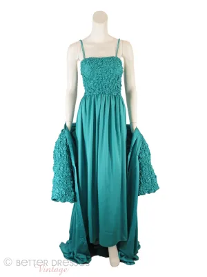 70s Teal Peignoir Robe and Gown Set by Odette Barsa