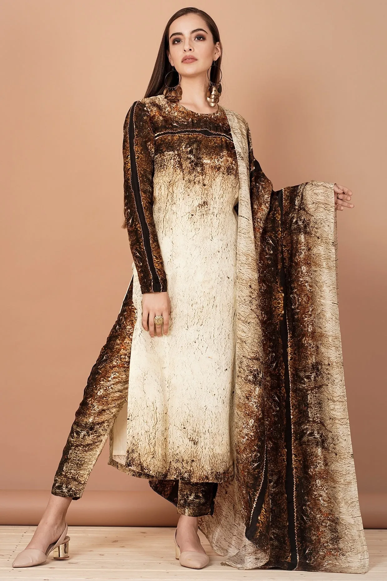 Beige & Brown Printed Kurta Set