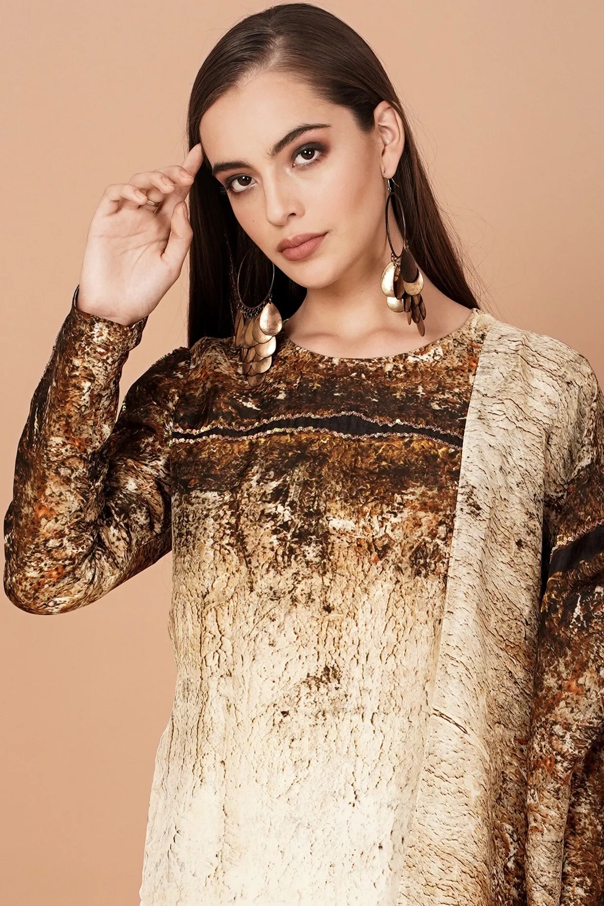 Beige & Brown Printed Kurta Set