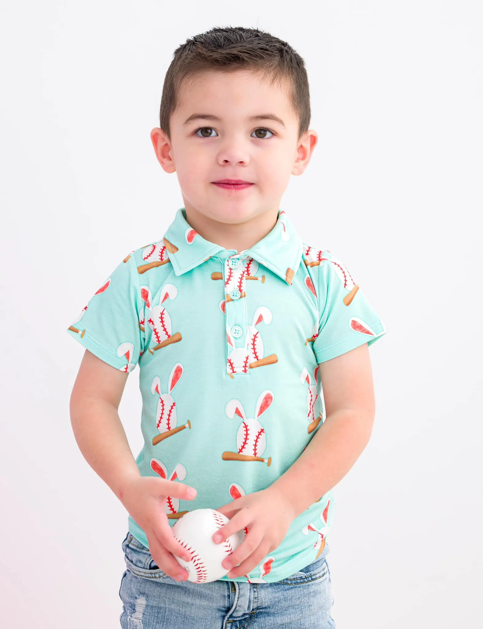 Birdie Bean Baseball Bunnies Easter Print Short Sleeve Kids Polo Shirt