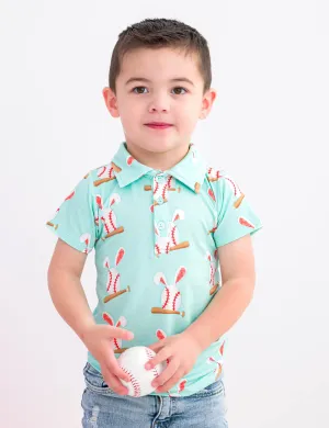 Birdie Bean Baseball Bunnies Easter Print Short Sleeve Kids Polo Shirt