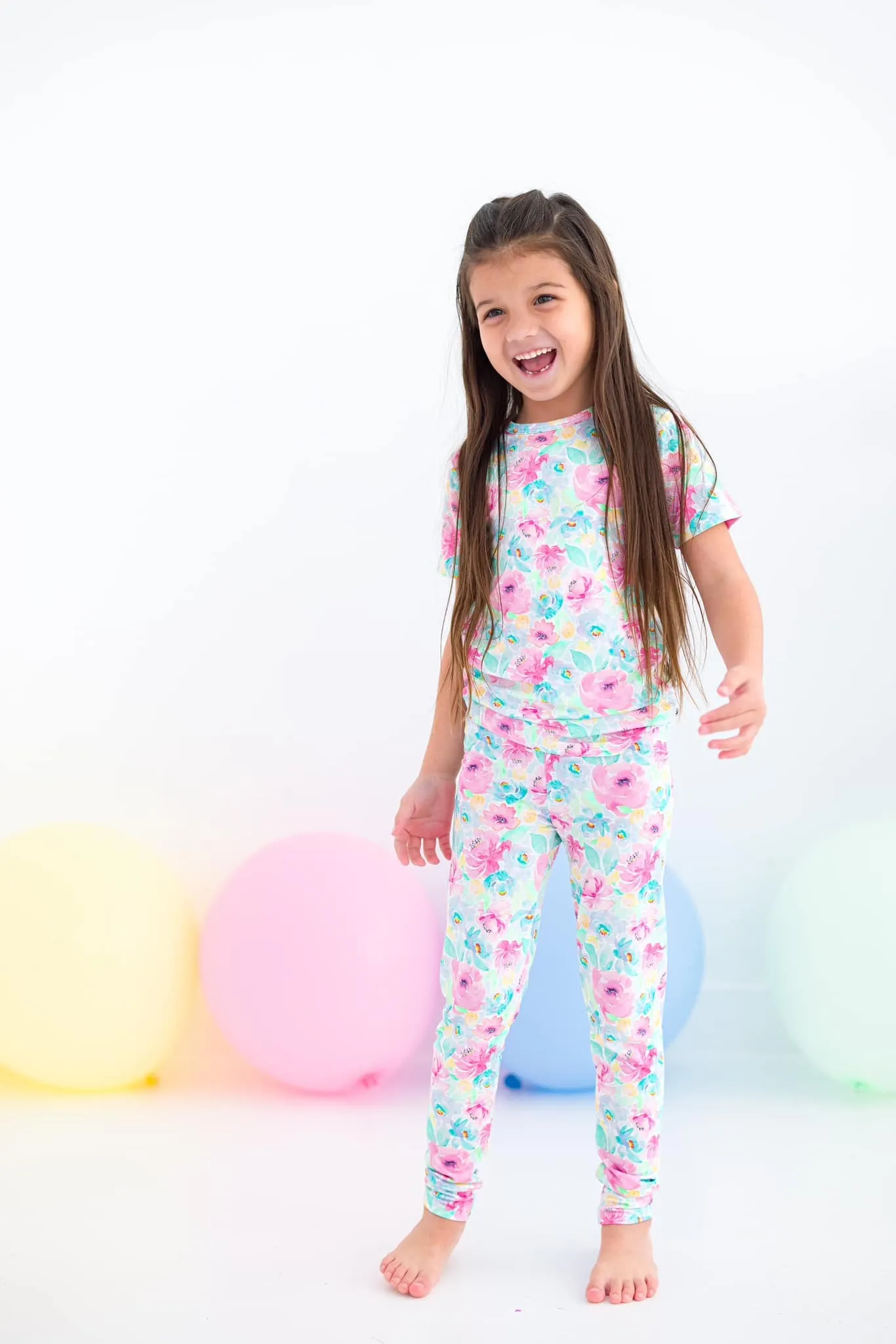 Birdie Bean Trinity Floral Print 2-piece Short Sleeve Kids Pajamas with Pants