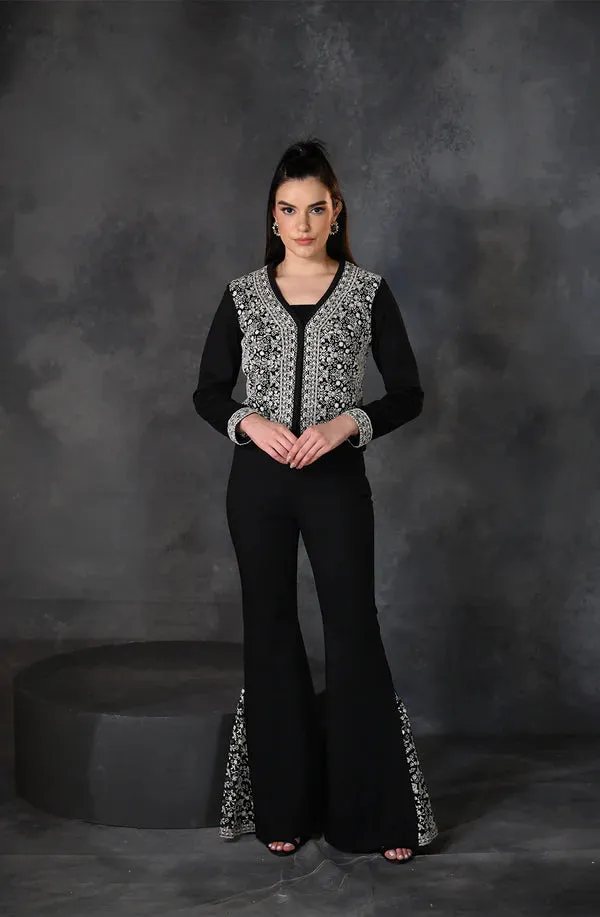 Black Embroidered Crop Jacket Set