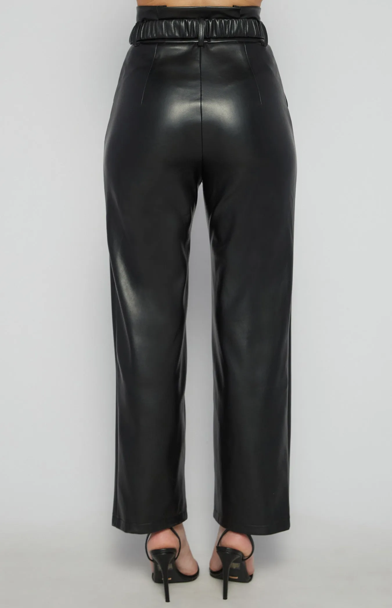 Black Faux Leather Paper Bag Waist Pants with Gold Buckle Belt