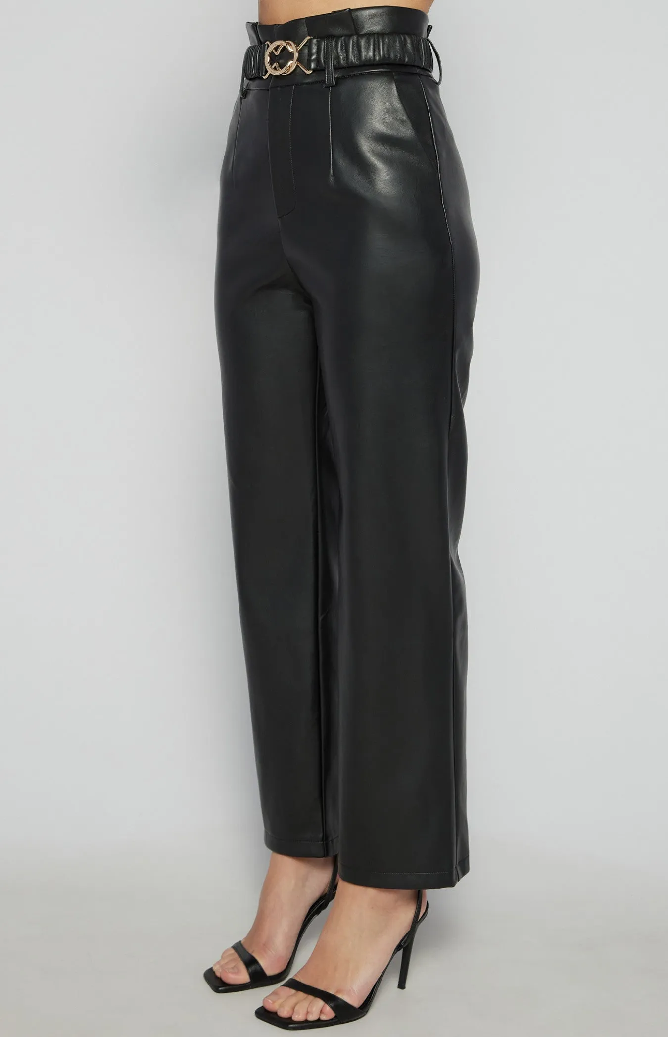 Black Faux Leather Paper Bag Waist Pants with Gold Buckle Belt