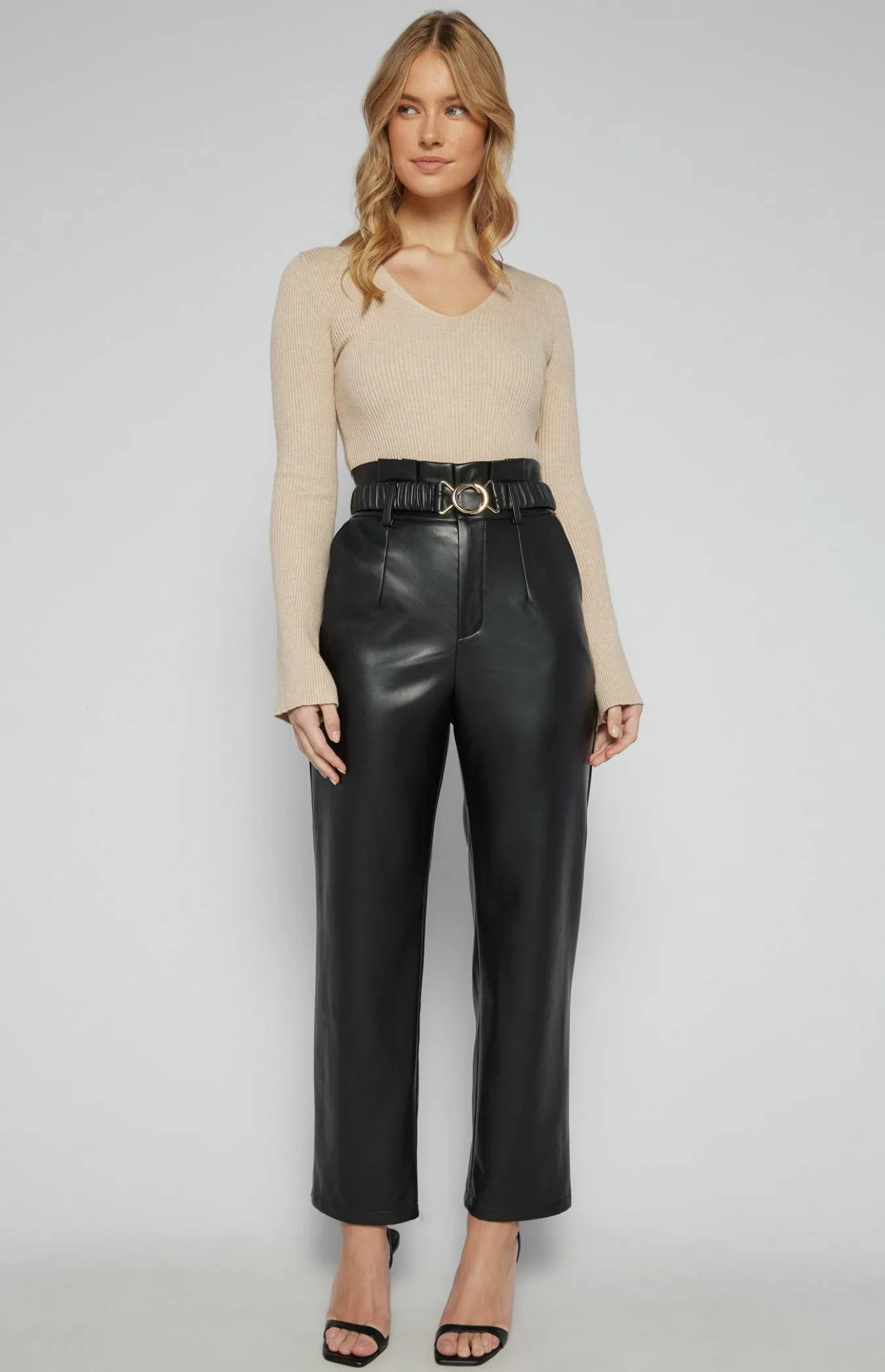 Black Faux Leather Paper Bag Waist Pants with Gold Buckle Belt