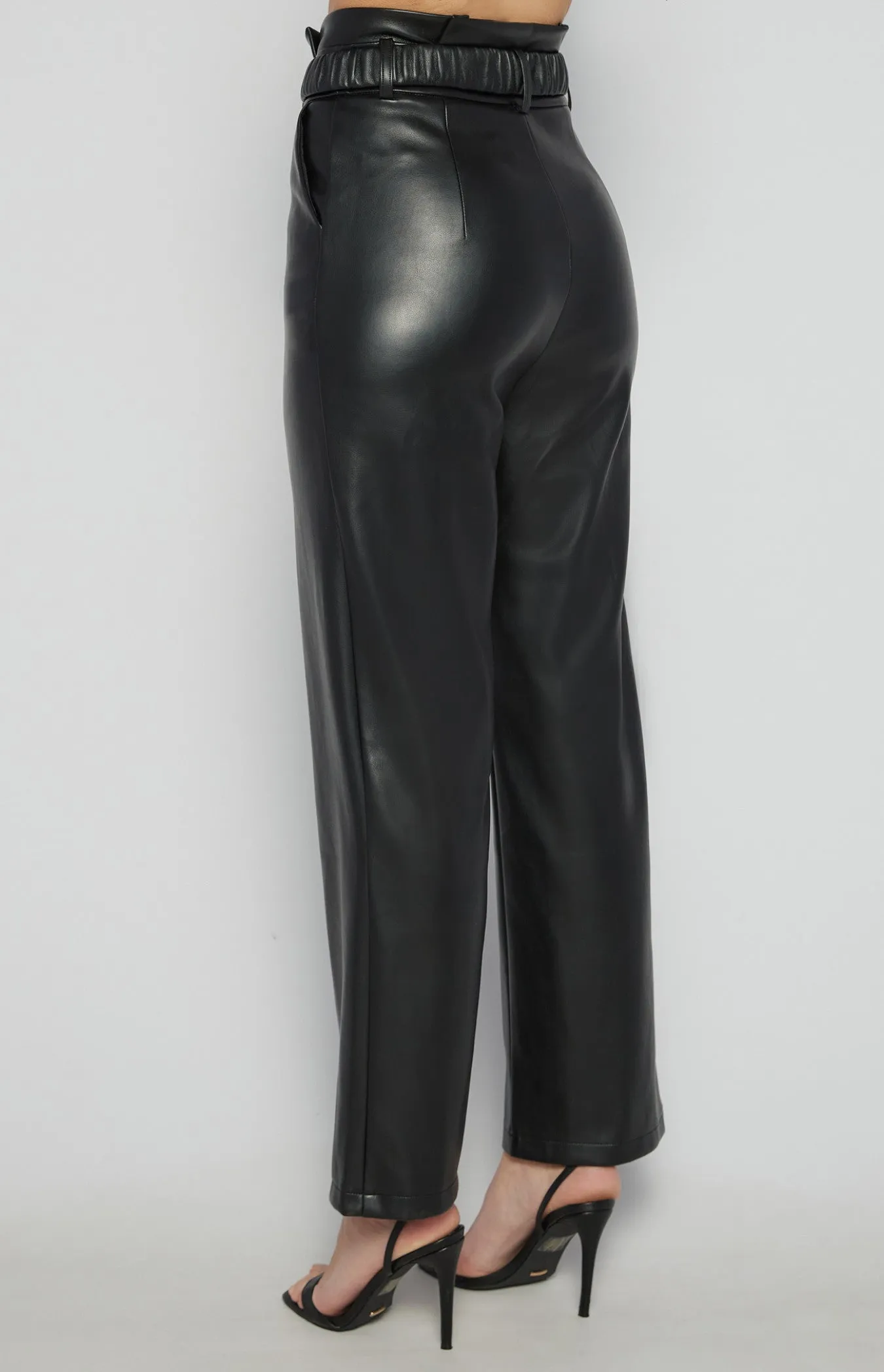 Black Faux Leather Paper Bag Waist Pants with Gold Buckle Belt