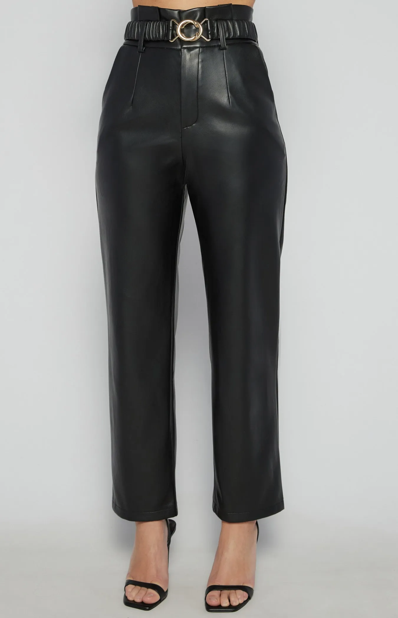 Black Faux Leather Paper Bag Waist Pants with Gold Buckle Belt