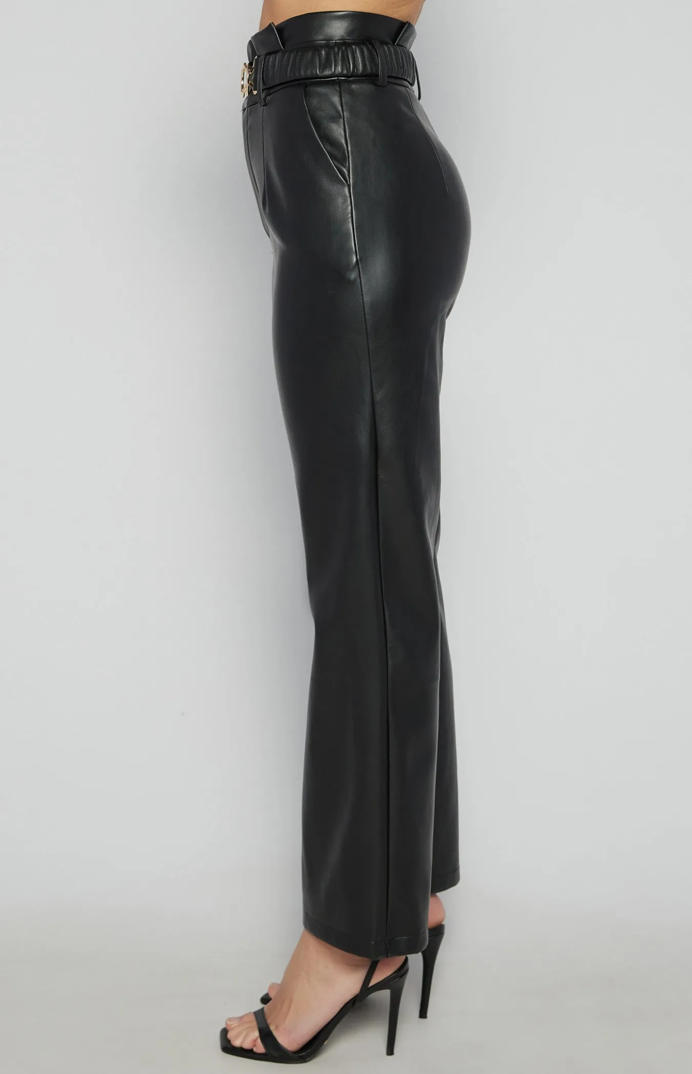 Black Faux Leather Paper Bag Waist Pants with Gold Buckle Belt