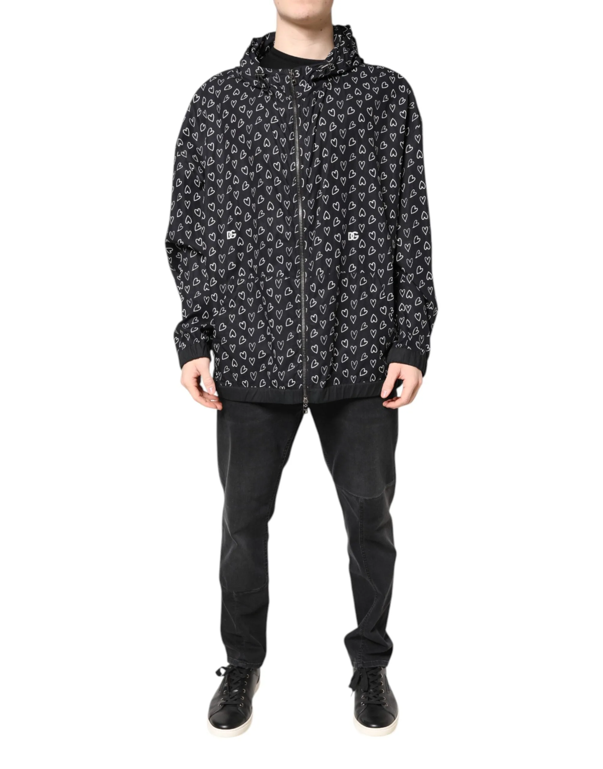 Black Heart Print Hooded Windbreaker Jacket