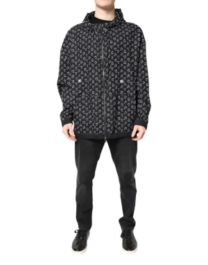 Black Heart Print Hooded Windbreaker Jacket