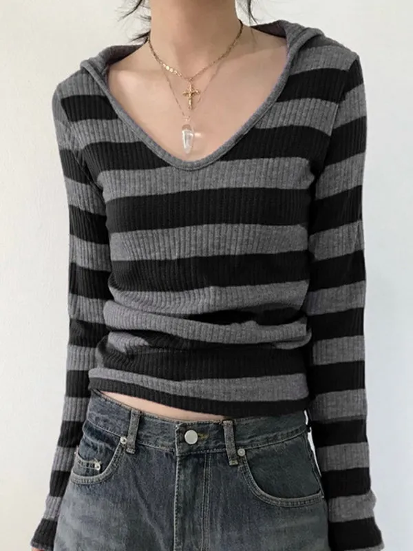 Black Vintage Slim Fit Versatile V-Neck Long Sleeve Shirt