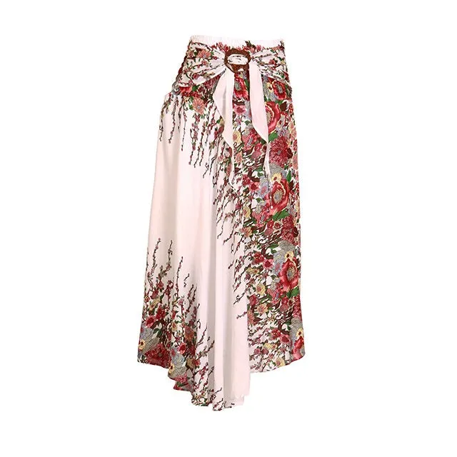 Boho Skirt Maxi Long Skirt Festival Beach Casual Smocked Waist with Coconut Belt