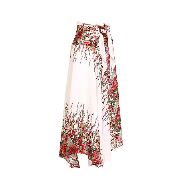Boho Skirt Maxi Long Skirt Festival Beach Casual Smocked Waist with Coconut Belt