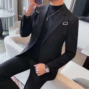 Bonsir Autumn Winter New Strap Decoration Suit Jacket for Men Fashion Slim Casual Business Blazers Groom Wedding Social Tailcoat