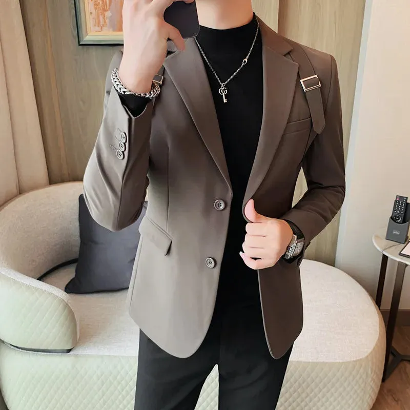 Bonsir Autumn Winter New Strap Decoration Suit Jacket for Men Fashion Slim Casual Business Blazers Groom Wedding Social Tailcoat