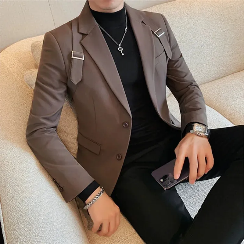Bonsir Autumn Winter New Strap Decoration Suit Jacket for Men Fashion Slim Casual Business Blazers Groom Wedding Social Tailcoat