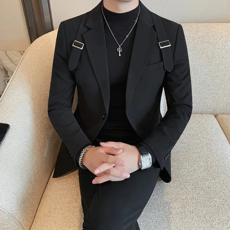 Bonsir Autumn Winter New Strap Decoration Suit Jacket for Men Fashion Slim Casual Business Blazers Groom Wedding Social Tailcoat
