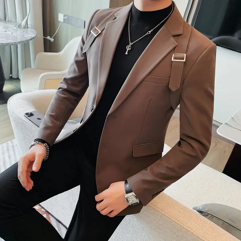 Bonsir Autumn Winter New Strap Decoration Suit Jacket for Men Fashion Slim Casual Business Blazers Groom Wedding Social Tailcoat
