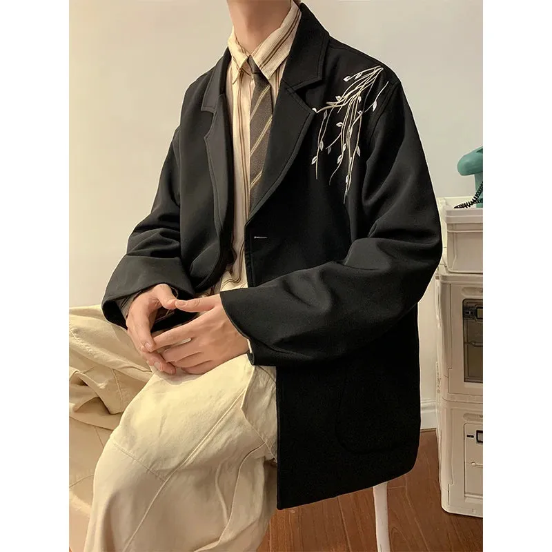 Bonsir Casual Blazers Men Orchid Embroidery Solid Color Single Breasted Suit Jackets Japan Style Notched Collar Popular Interview Suits