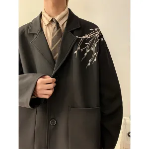 Bonsir Casual Blazers Men Orchid Embroidery Solid Color Single Breasted Suit Jackets Japan Style Notched Collar Popular Interview Suits