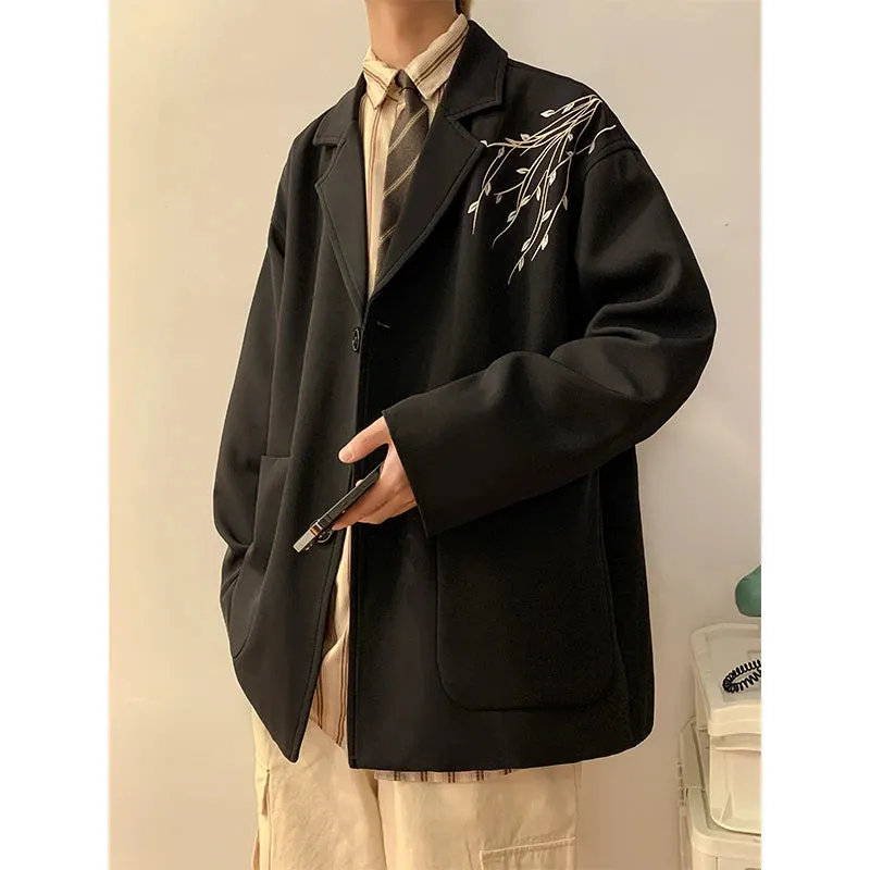 Bonsir Casual Blazers Men Orchid Embroidery Solid Color Single Breasted Suit Jackets Japan Style Notched Collar Popular Interview Suits