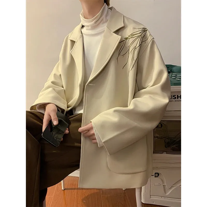Bonsir Casual Blazers Men Orchid Embroidery Solid Color Single Breasted Suit Jackets Japan Style Notched Collar Popular Interview Suits