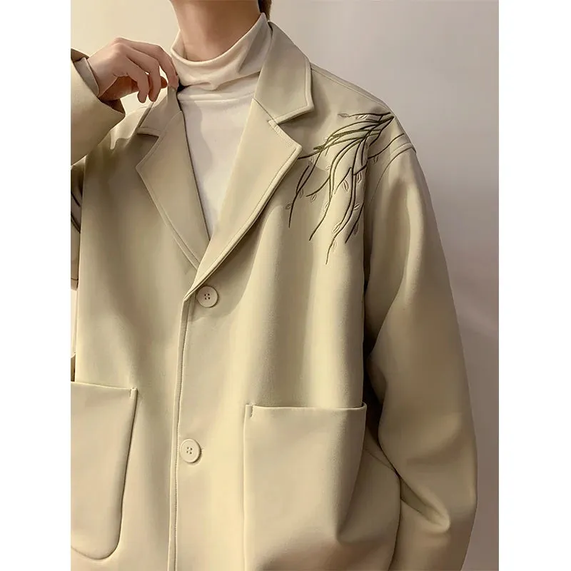 Bonsir Casual Blazers Men Orchid Embroidery Solid Color Single Breasted Suit Jackets Japan Style Notched Collar Popular Interview Suits