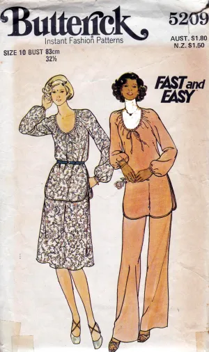 Butterick 5209 Womens Peasant Top Tunic Skirt & Pants 1970s Vintage Sewing Pattern Size 10 Bust 32.5 inches
