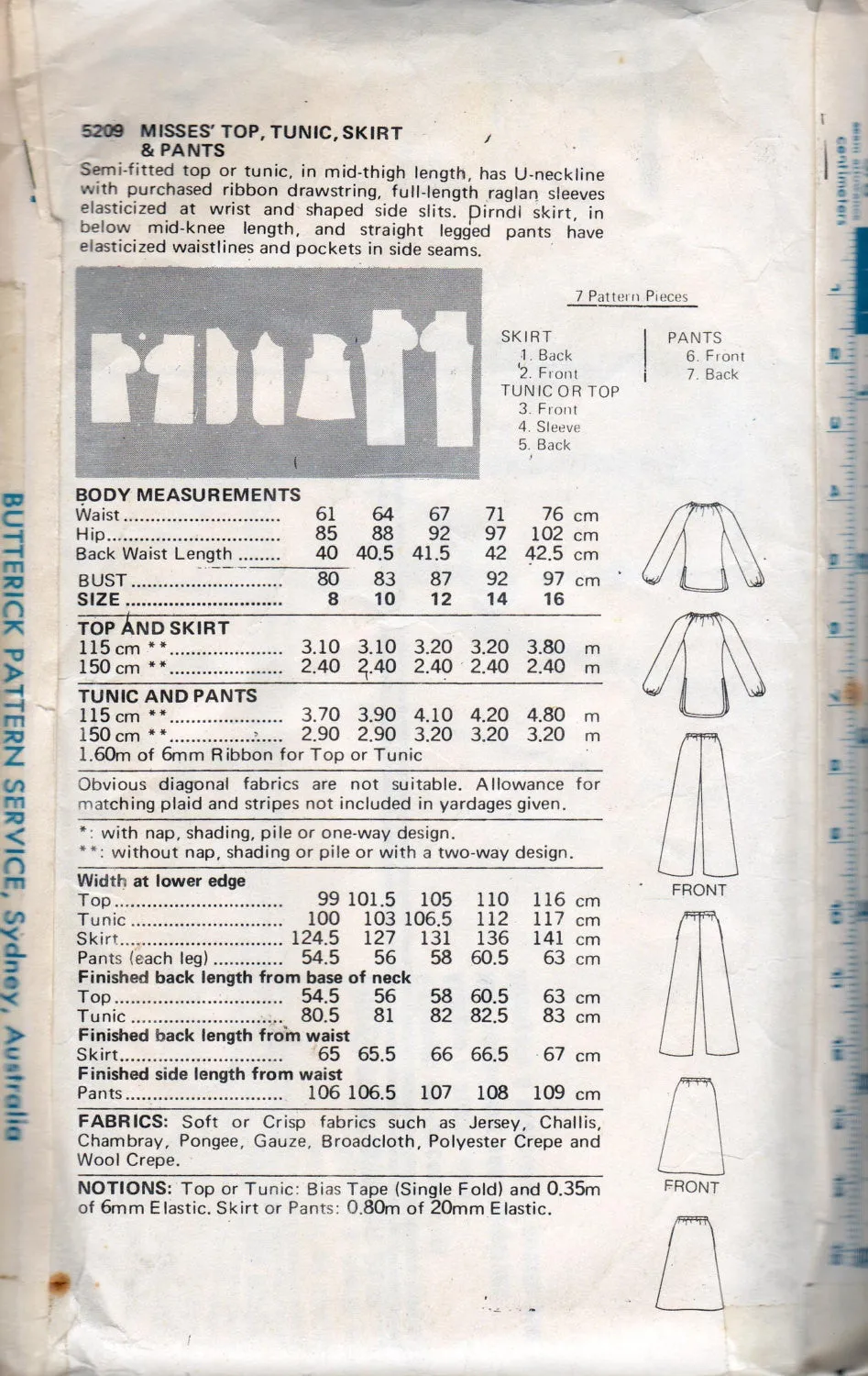Butterick 5209 Womens Peasant Top Tunic Skirt & Pants 1970s Vintage Sewing Pattern Size 10 Bust 32.5 inches
