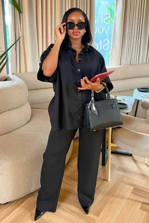 Button Up Half Sleeve Loose Fit Blouse Solid Color Pants 2pcs Set-Black