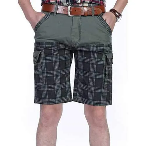 Casual Plaid Patchwork Cargo Shorts - Gray 34