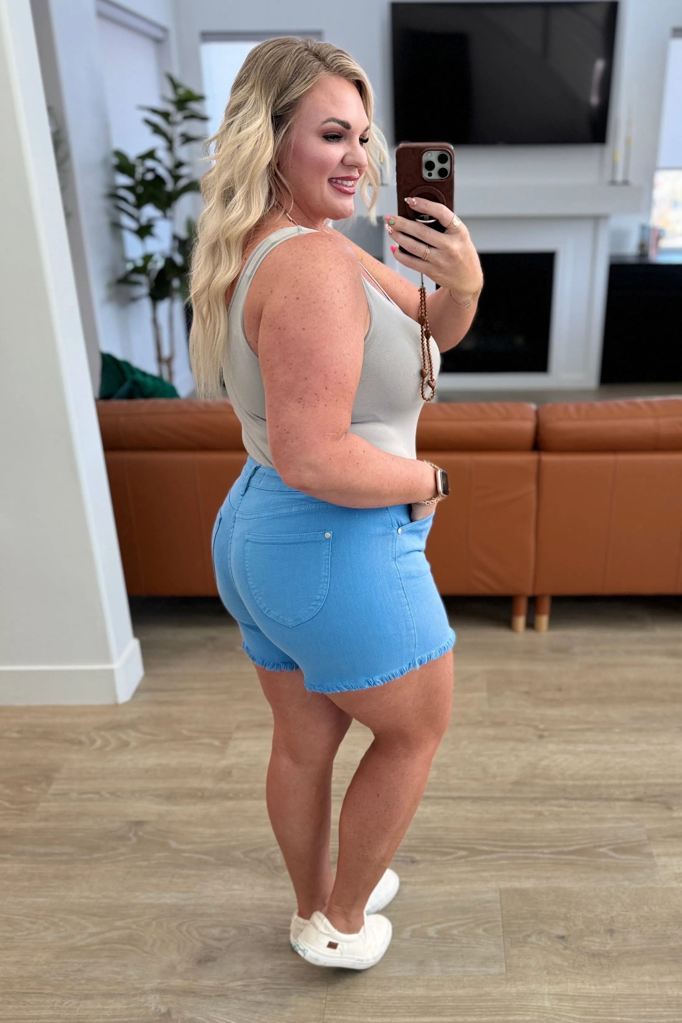 Celeste Mid Rise Shield Pocket Cutoff Shorts by Judy Blue - Sky Blue