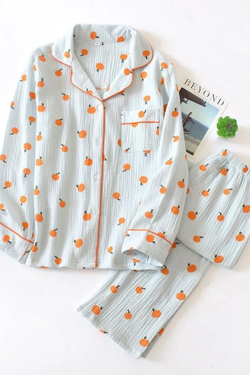 Chouyatou Womens Cotton Gauze Pajama Set Long Sleeve Button Up Shirt and Pants 2 Piece Cute Printed Pj Set