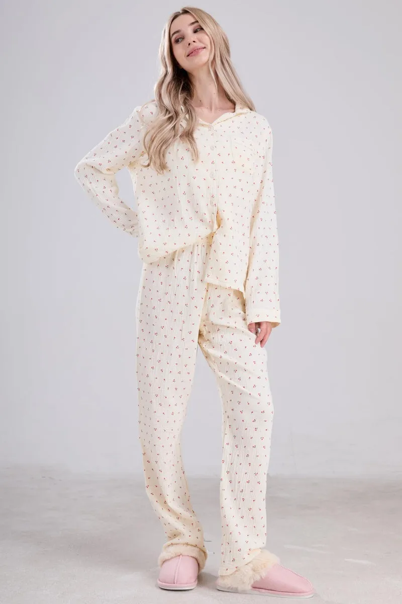 Chouyatou Womens Cotton Gauze Pajama Set Long Sleeve Button Up Shirt and Pants 2 Piece Cute Printed Pj Set