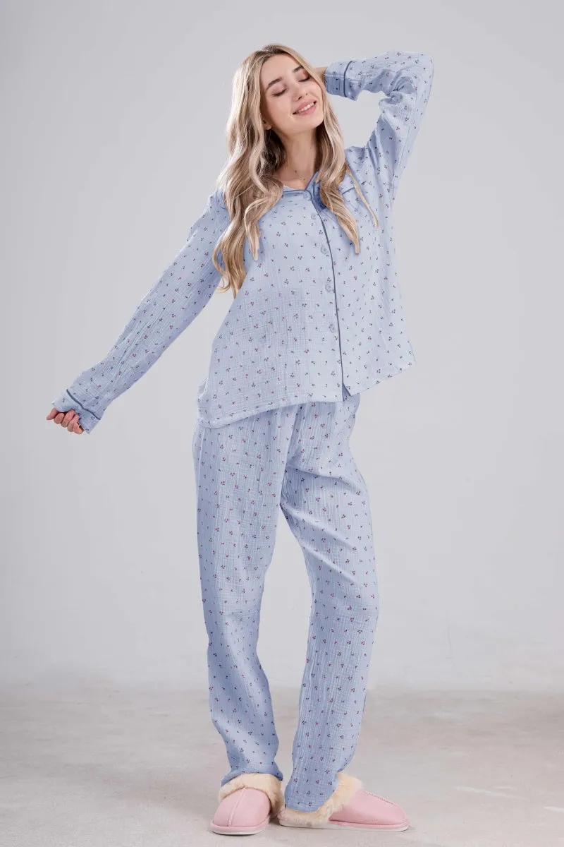 Chouyatou Womens Cotton Gauze Pajama Set Long Sleeve Button Up Shirt and Pants 2 Piece Cute Printed Pj Set