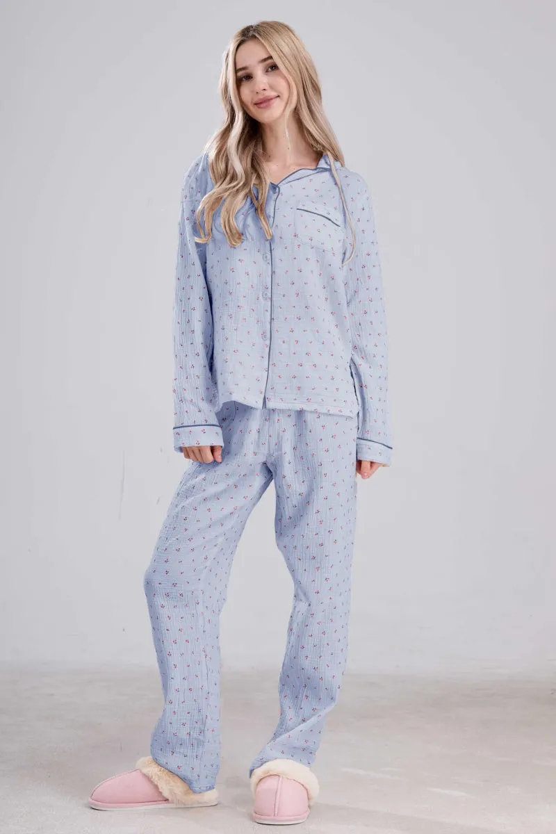 Chouyatou Womens Cotton Gauze Pajama Set Long Sleeve Button Up Shirt and Pants 2 Piece Cute Printed Pj Set