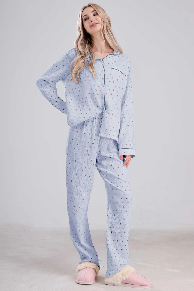 Chouyatou Womens Cotton Gauze Pajama Set Long Sleeve Button Up Shirt and Pants 2 Piece Cute Printed Pj Set
