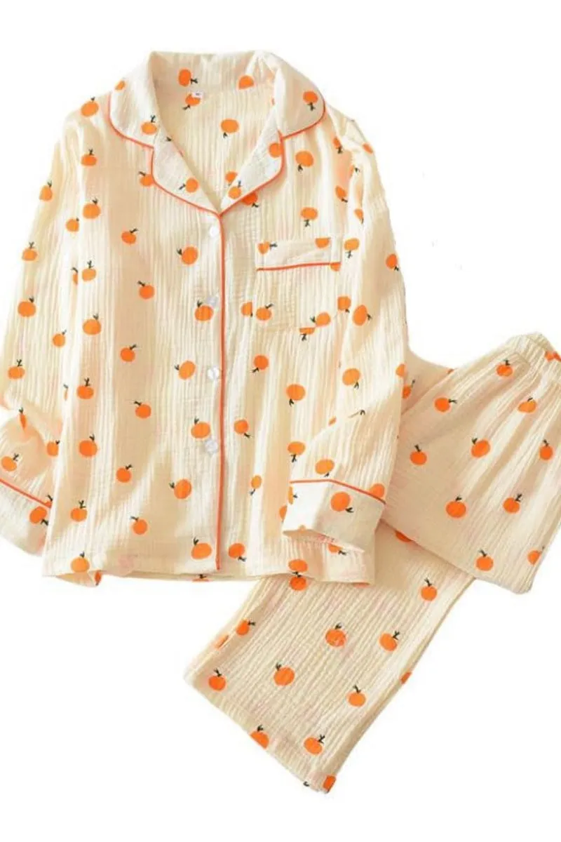 Chouyatou Womens Cotton Gauze Pajama Set Long Sleeve Button Up Shirt and Pants 2 Piece Cute Printed Pj Set