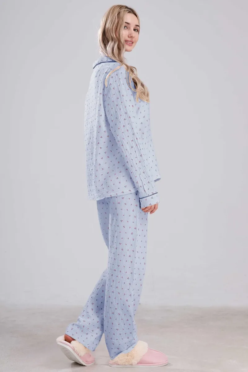 Chouyatou Womens Cotton Gauze Pajama Set Long Sleeve Button Up Shirt and Pants 2 Piece Cute Printed Pj Set