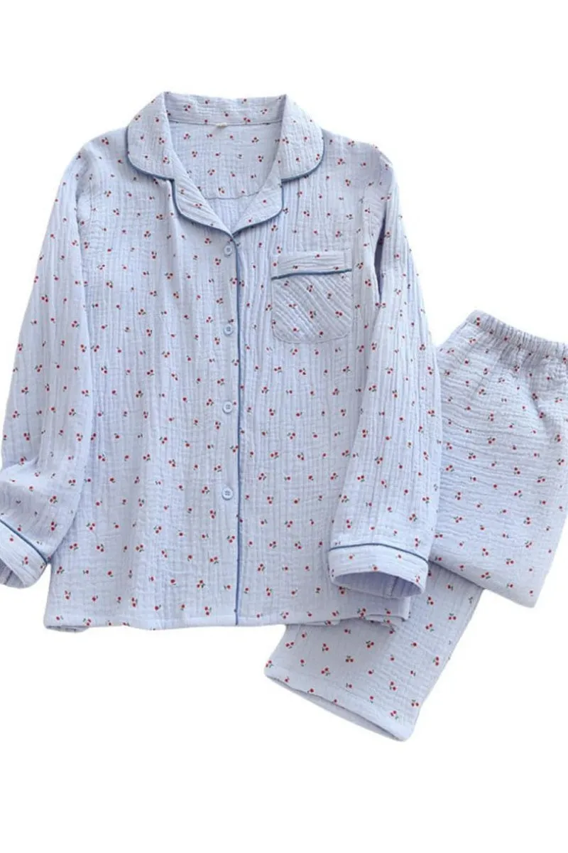 Chouyatou Womens Cotton Gauze Pajama Set Long Sleeve Button Up Shirt and Pants 2 Piece Cute Printed Pj Set