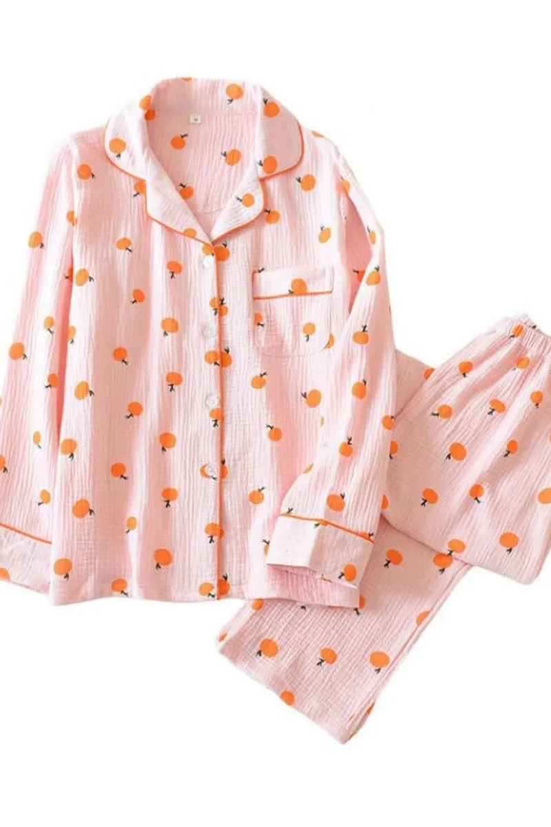 Chouyatou Womens Cotton Gauze Pajama Set Long Sleeve Button Up Shirt and Pants 2 Piece Cute Printed Pj Set