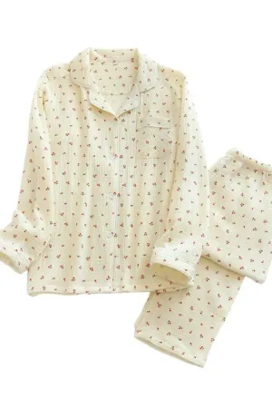 Chouyatou Womens Cotton Gauze Pajama Set Long Sleeve Button Up Shirt and Pants 2 Piece Cute Printed Pj Set