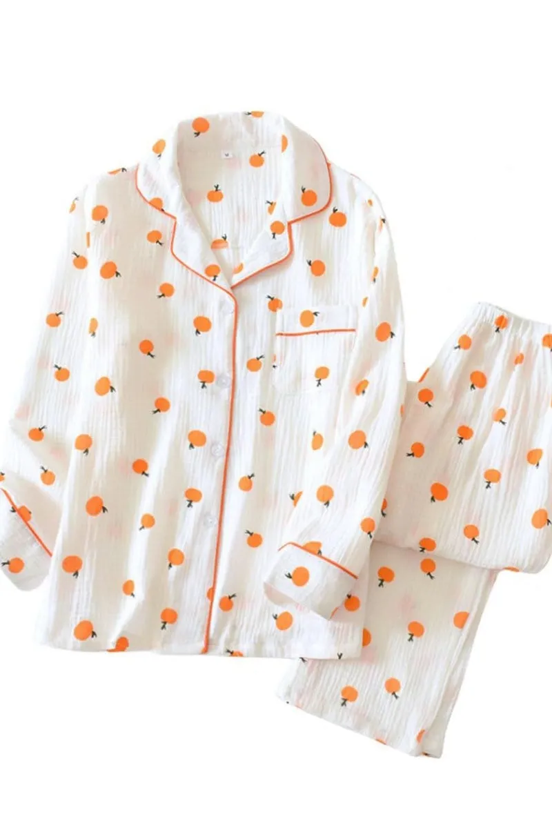 Chouyatou Womens Cotton Gauze Pajama Set Long Sleeve Button Up Shirt and Pants 2 Piece Cute Printed Pj Set