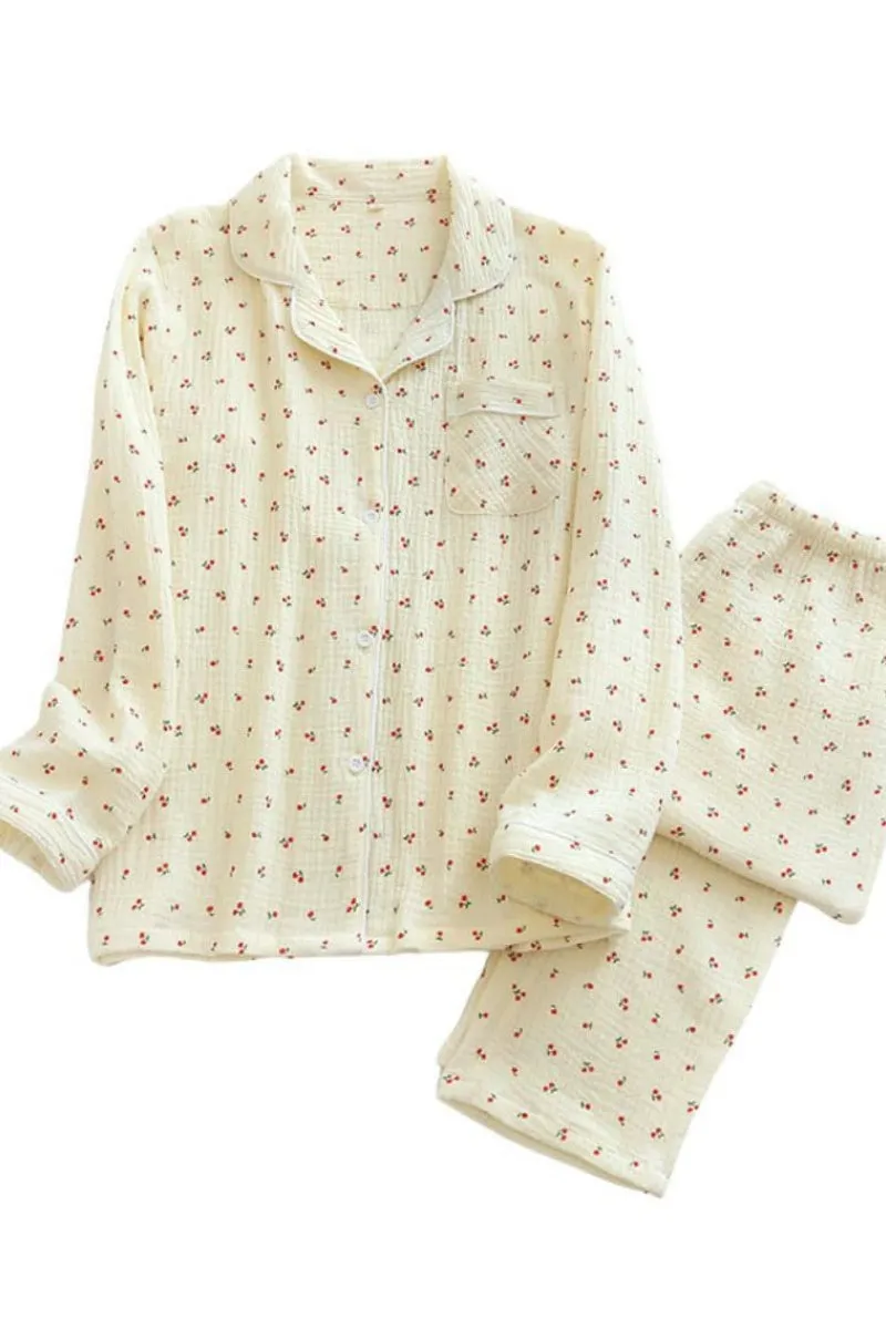 Chouyatou Womens Cotton Gauze Pajama Set Long Sleeve Button Up Shirt and Pants 2 Piece Cute Printed Pj Set