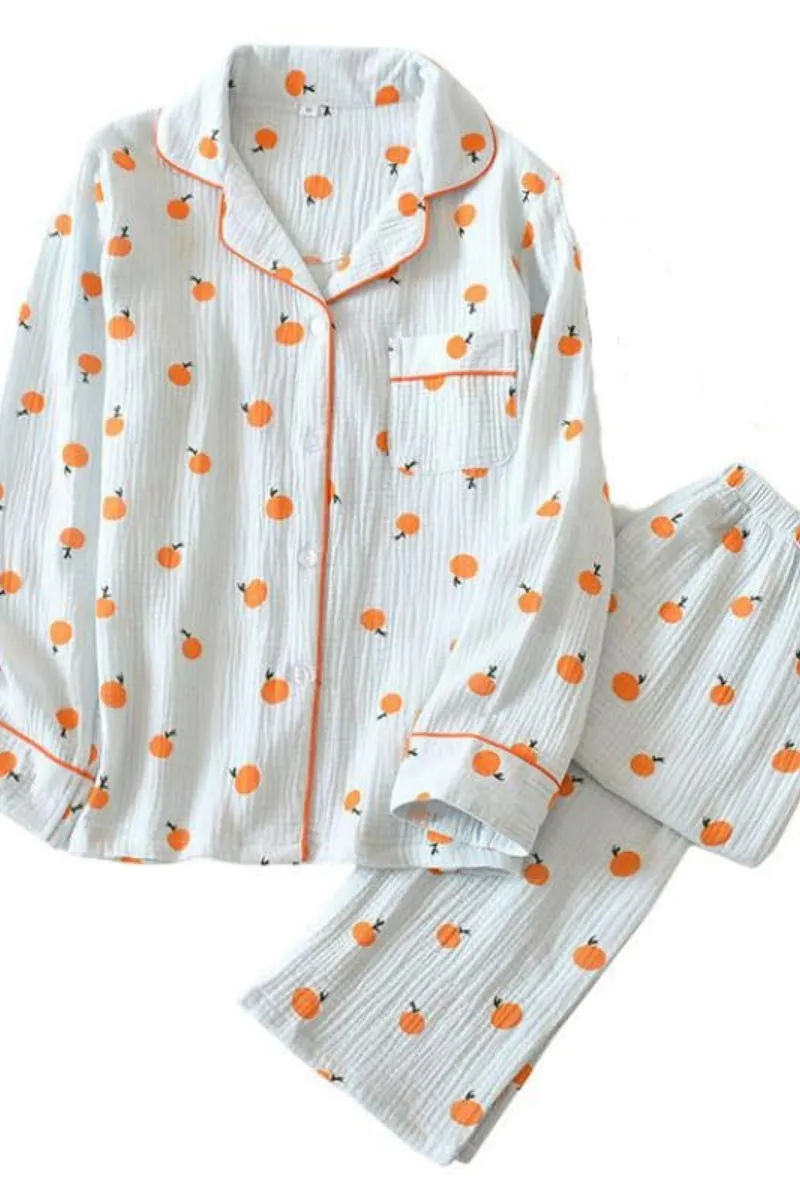 Chouyatou Womens Cotton Gauze Pajama Set Long Sleeve Button Up Shirt and Pants 2 Piece Cute Printed Pj Set