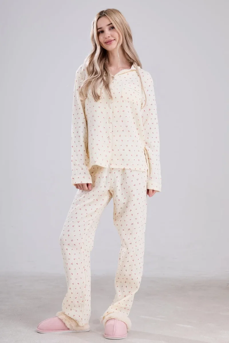 Chouyatou Womens Cotton Gauze Pajama Set Long Sleeve Button Up Shirt and Pants 2 Piece Cute Printed Pj Set