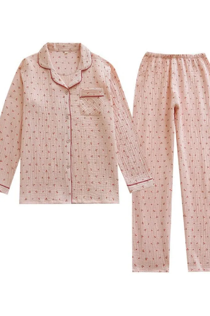 Chouyatou Womens Cotton Gauze Pajama Set Long Sleeve Button Up Shirt and Pants 2 Piece Cute Printed Pj Set