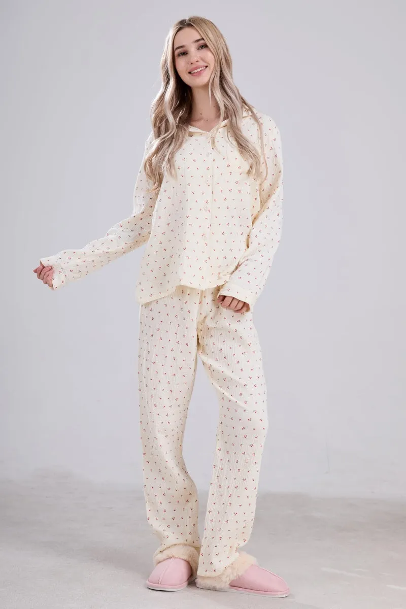 Chouyatou Womens Cotton Gauze Pajama Set Long Sleeve Button Up Shirt and Pants 2 Piece Cute Printed Pj Set