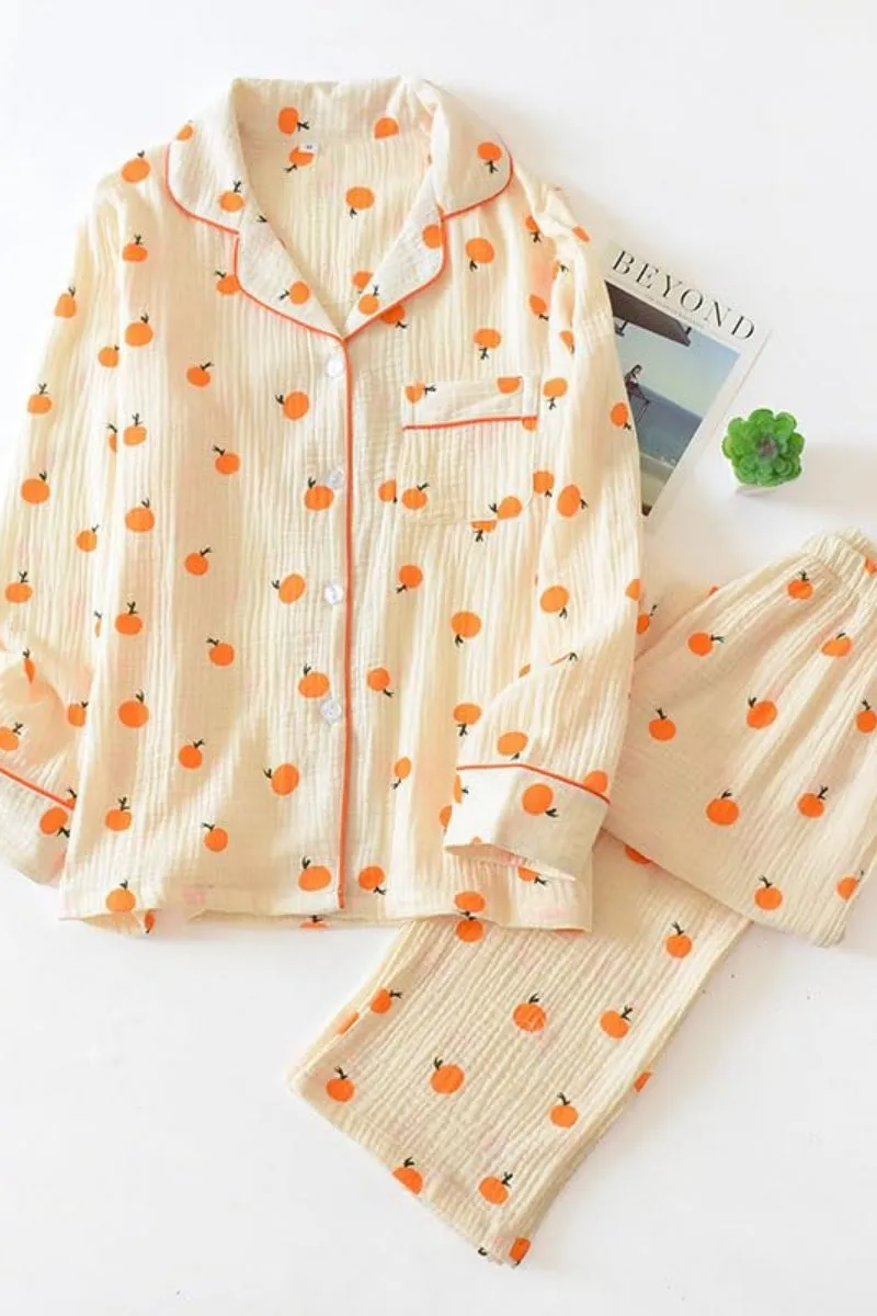 Chouyatou Womens Cotton Gauze Pajama Set Long Sleeve Button Up Shirt and Pants 2 Piece Cute Printed Pj Set